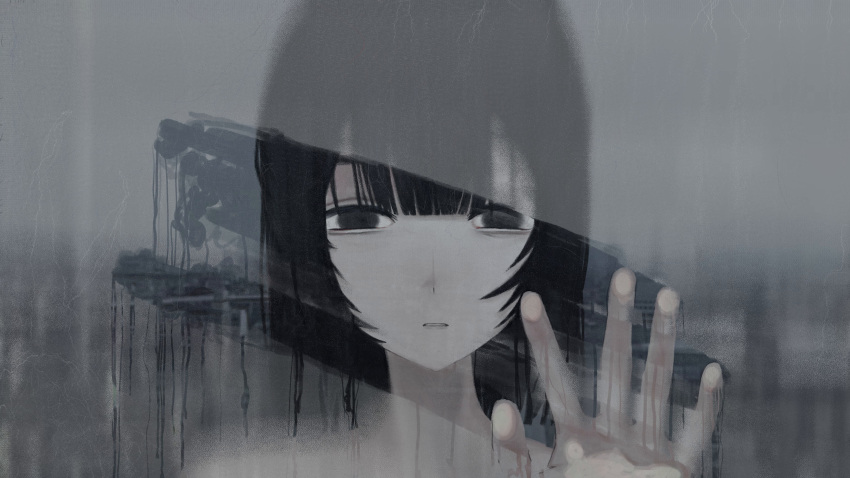 1girl, absurdres, black_eyes, black_hair, blank_stare, condensation, empty_eyes, hand_on_glass, hand_up, highres, looking_at_viewer, nakase_miru, original, parted_lips, portrait, short_hair, solo, video_crop, window_fog