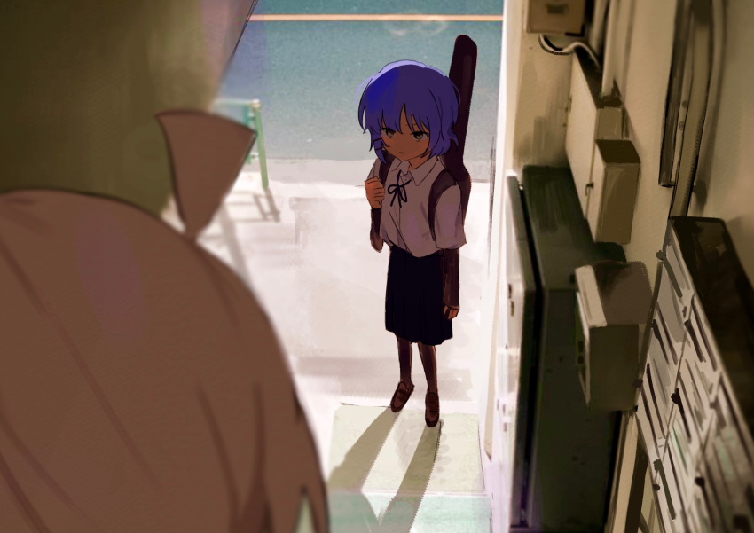 2girls, ahoge, arm_at_side, black_ribbon, black_skirt, blonde_hair, blue_hair, blurry
