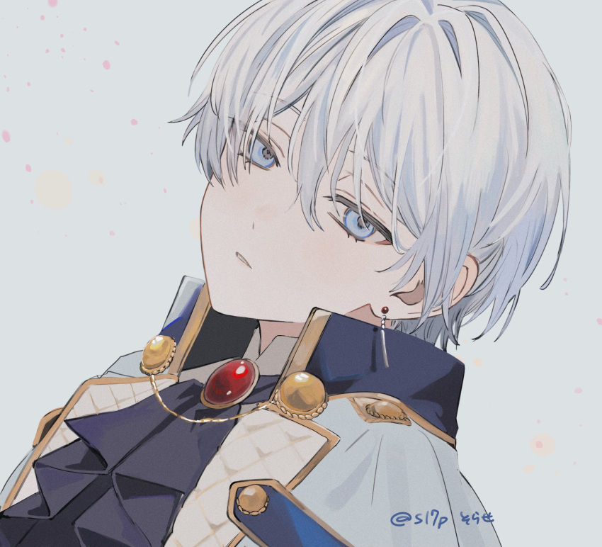 1girl, artist_name, ascot, black_ascot, blue_eyes, capelet, collared_shirt, commentary
