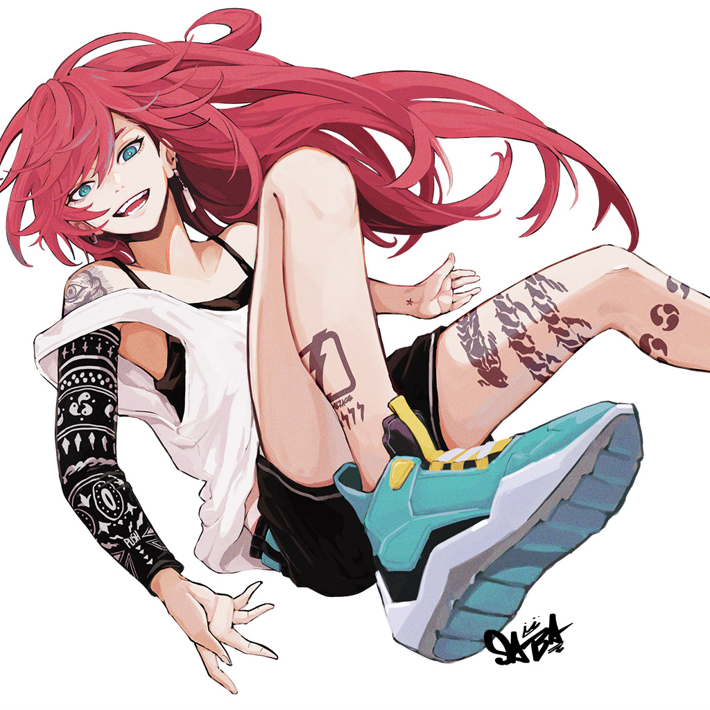 1girl, dragon_tattoo, green_eyes, leg_tattoo, long_hair, original, peppsi_(saba_sabasuk0), redhead
