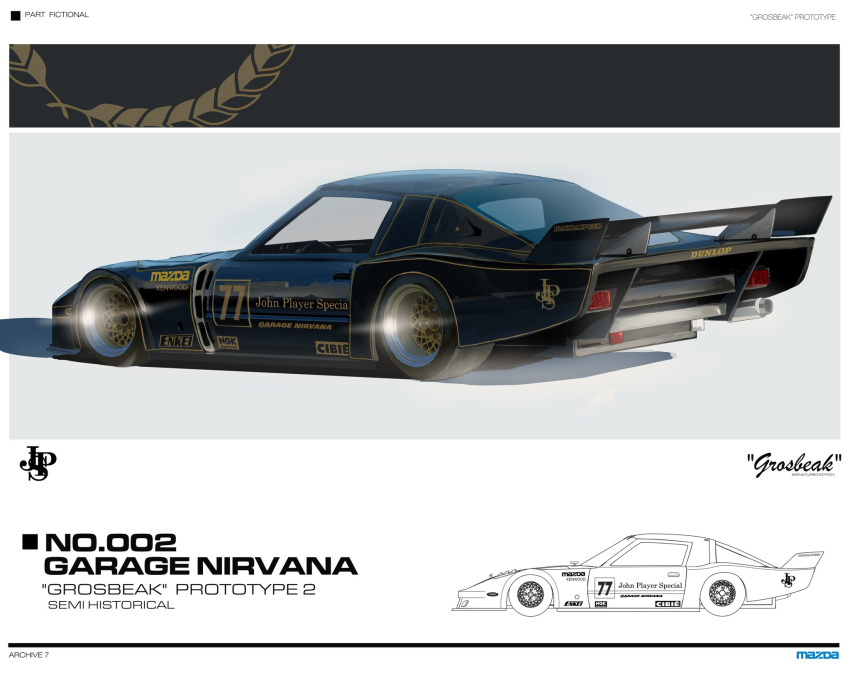 black_car, car, dirt, english_text, exhaust, highres, mazda_rx-7, mazda_rx-7_fc