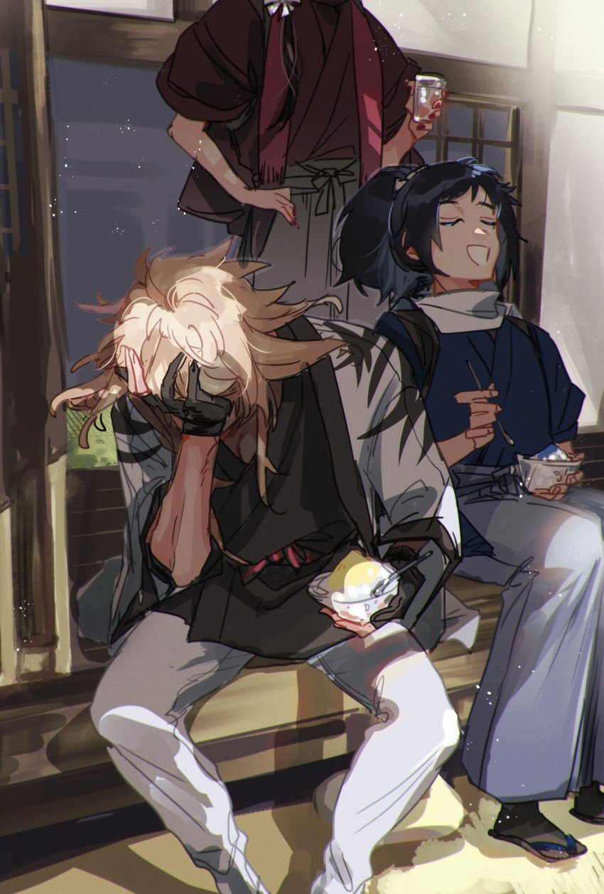 3boys, :d, black_gloves, black_hair, black_socks, blonde_hair, blue_kimono, brain_freeze
