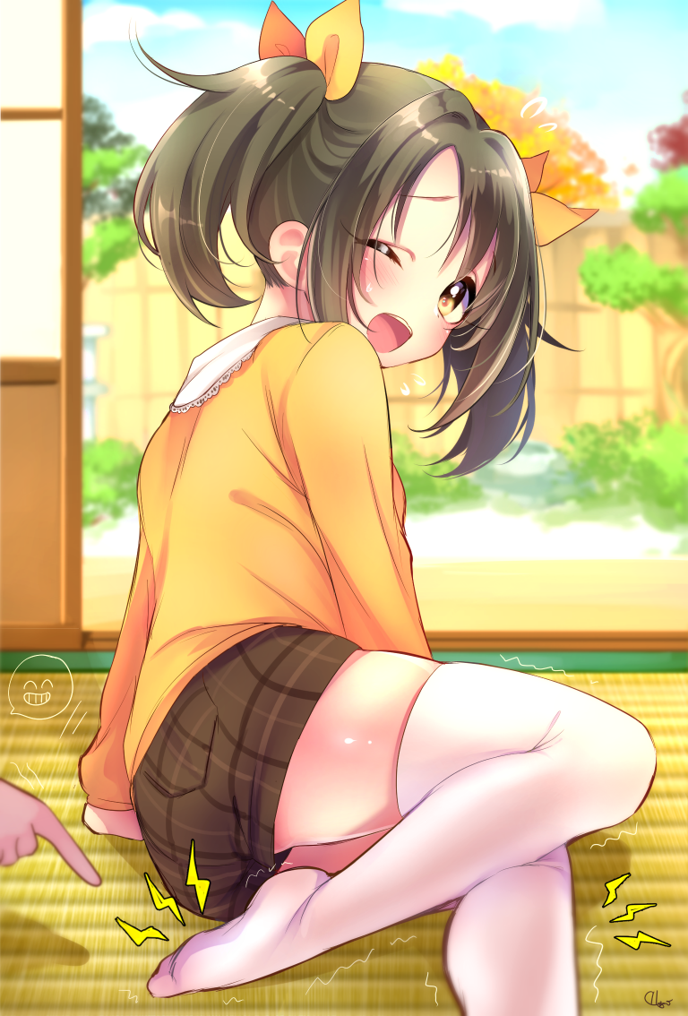 1girl, 1other, arm_support, blue_sky, blurry, blurry_background, blush, bow