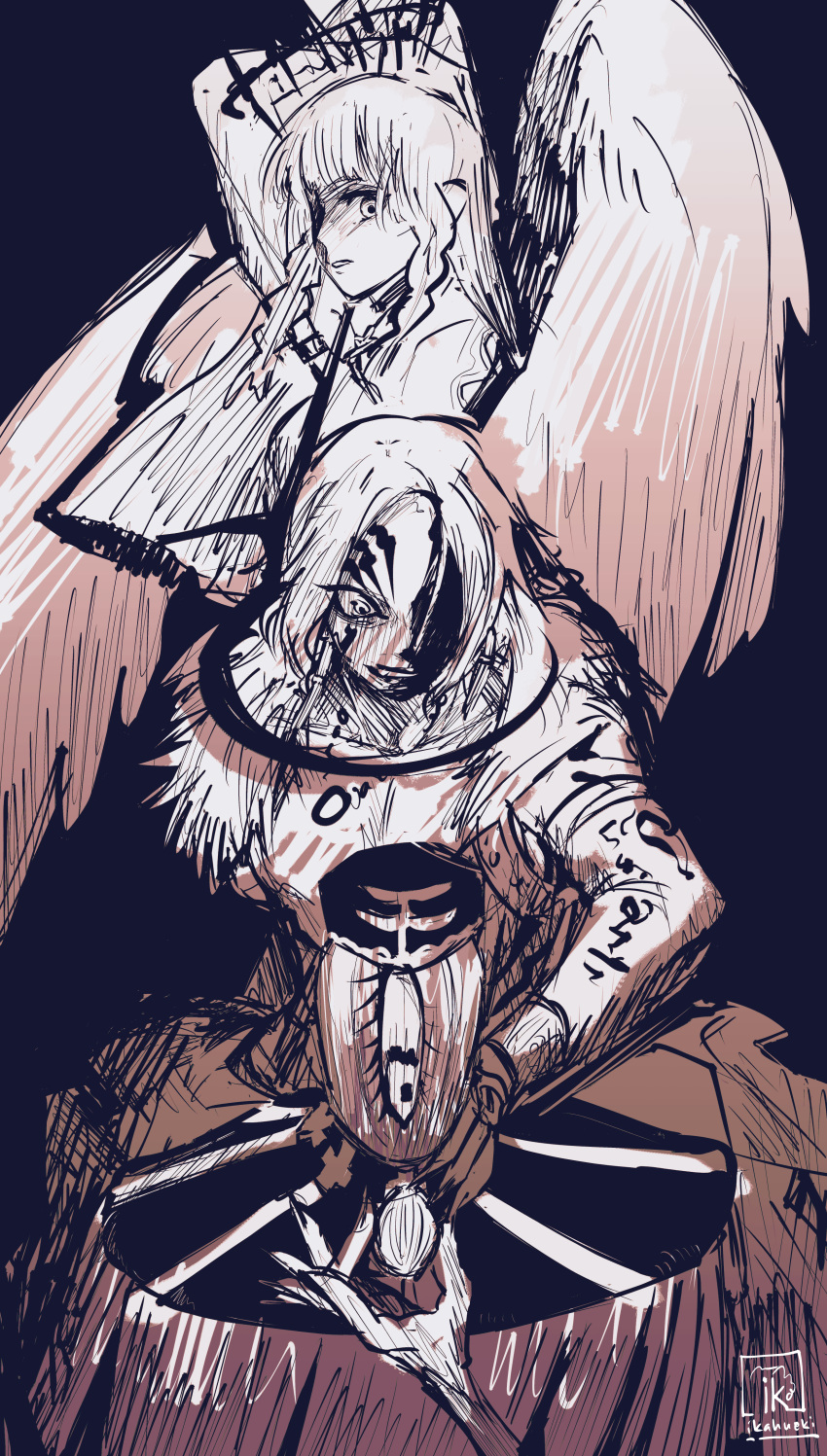 1girl, 2boys, absurdres, angel, angel_wings, antitise_(choujin_x), arm_tattoo, black_halo