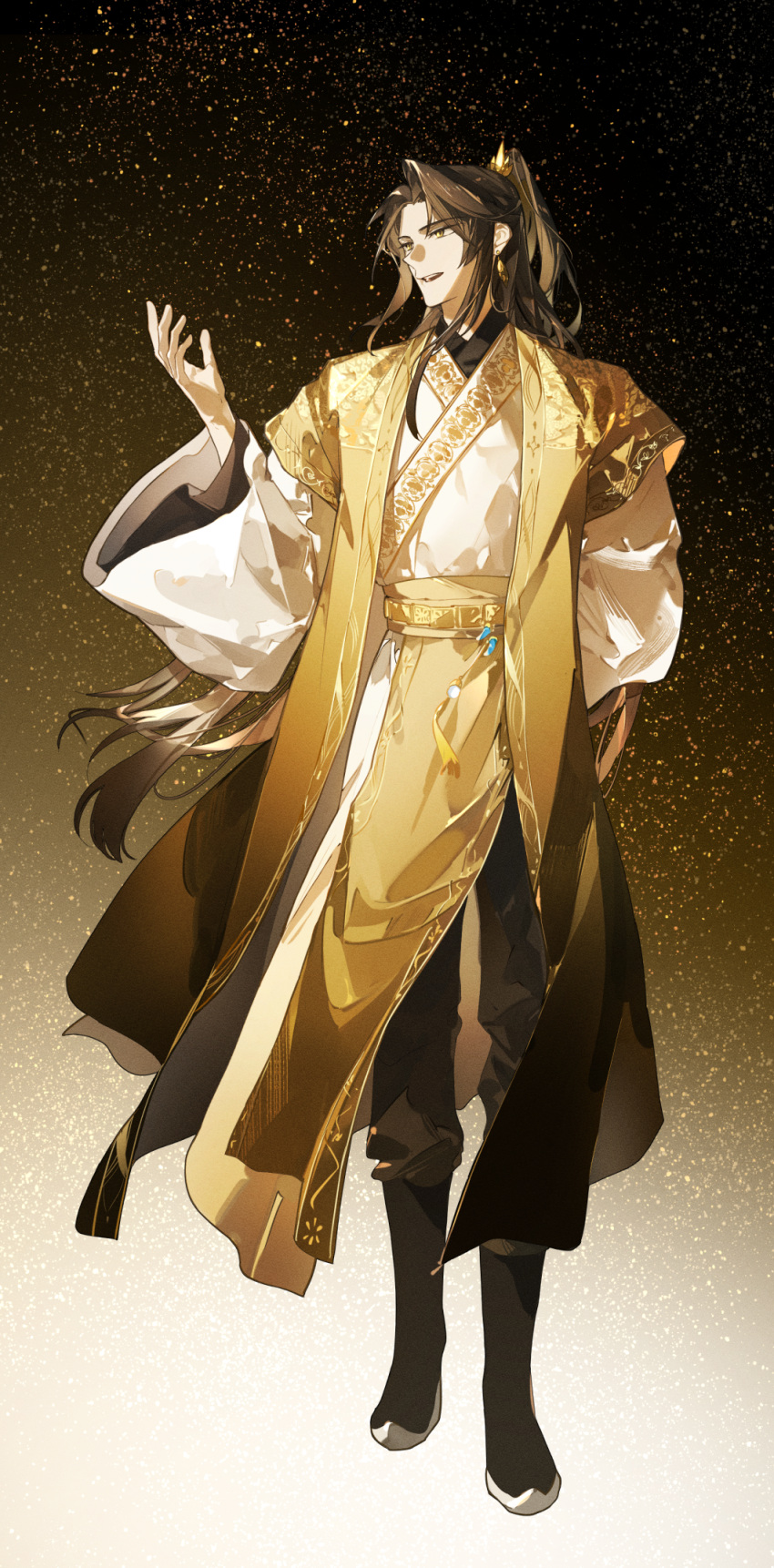 1boy, black_footwear, black_pants, boots, brown_hair, earrings, full_body, gold_earrings