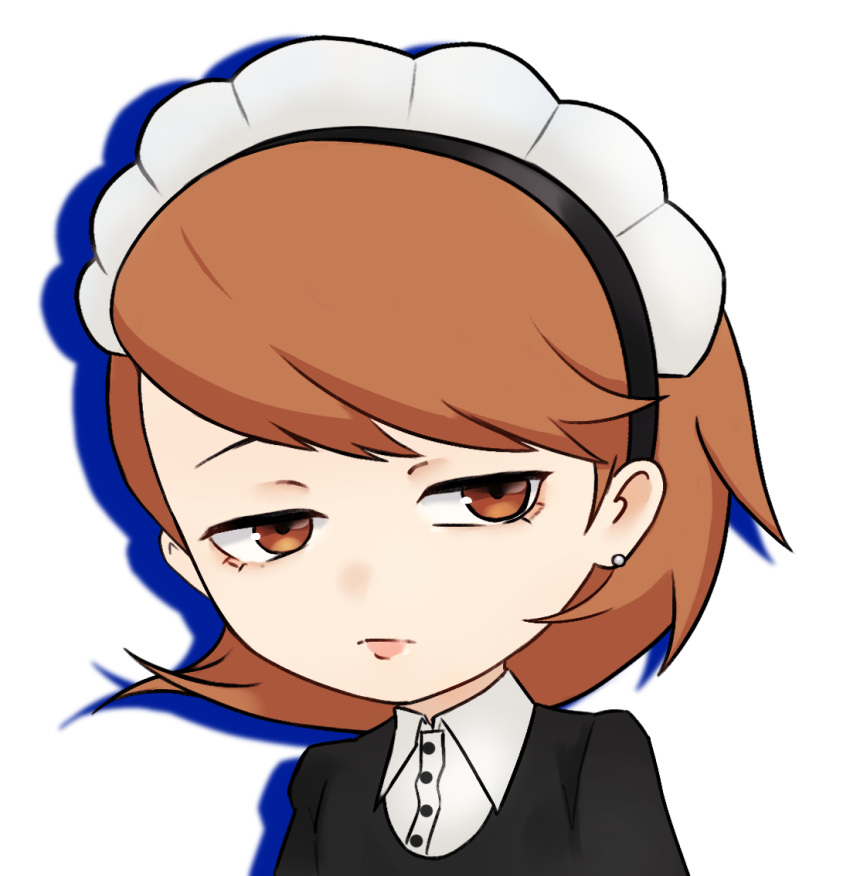 1girl, black_dress, black_hairband, brown_eyes, brown_hair, chibi, closed_mouth, collared_dress