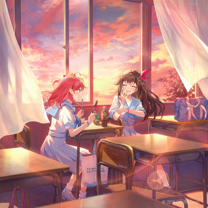 2girls, :d, ^_^, album_cover, bag, blue_neckerchief, blue_sailor_collar, blue_wristband