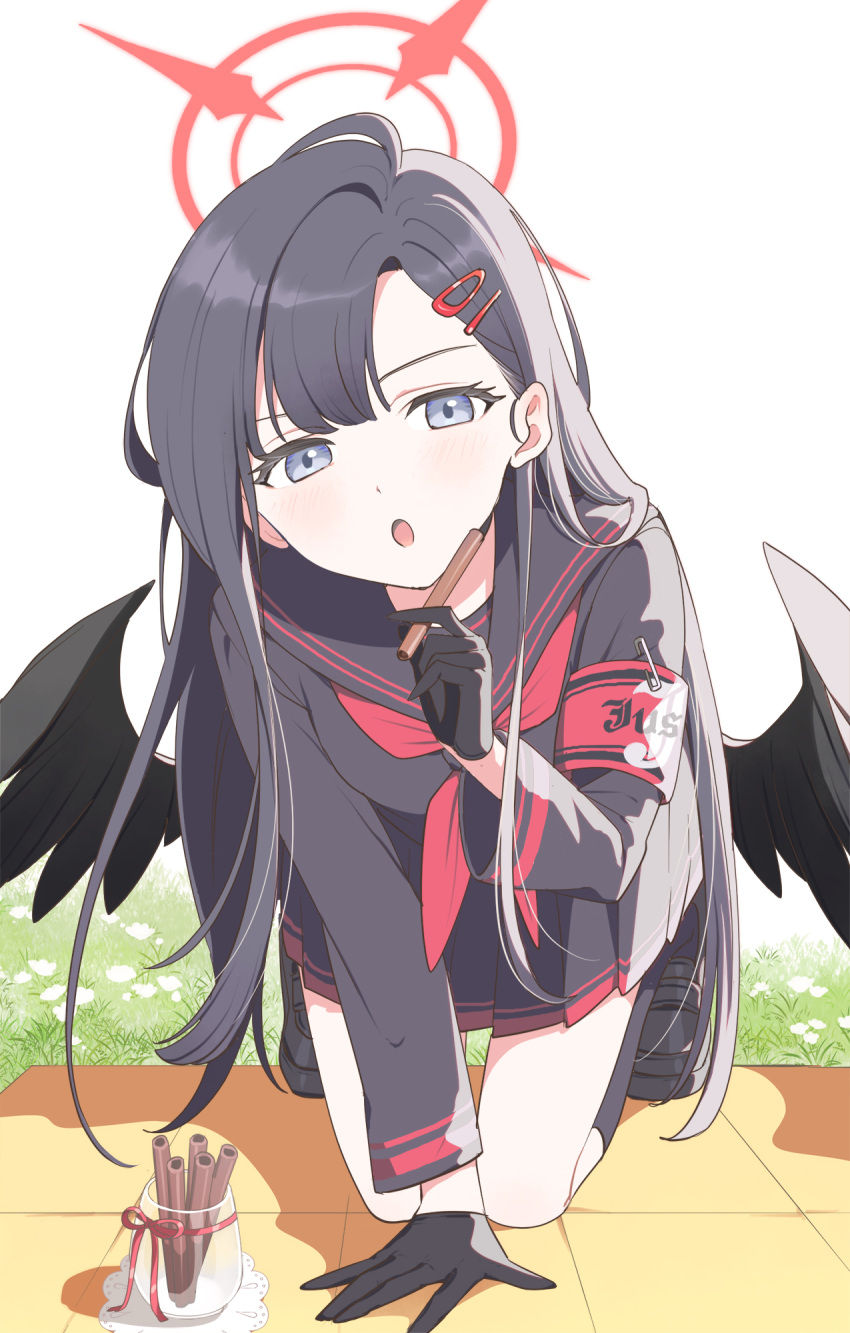 1girl, :o, arm_support, bare_legs, black_footwear, black_hair, black_sailor_collar, black_serafuku