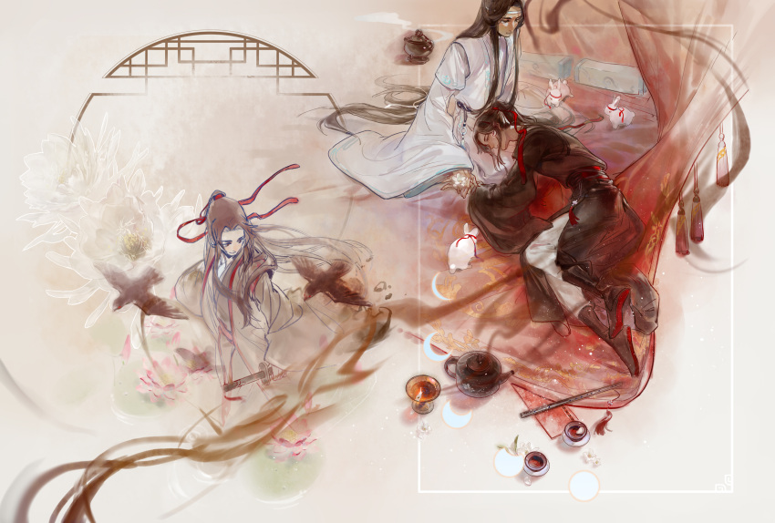 3boys, absurdres, bed, bird, black_footwear, black_hair, black_hanfu, boots