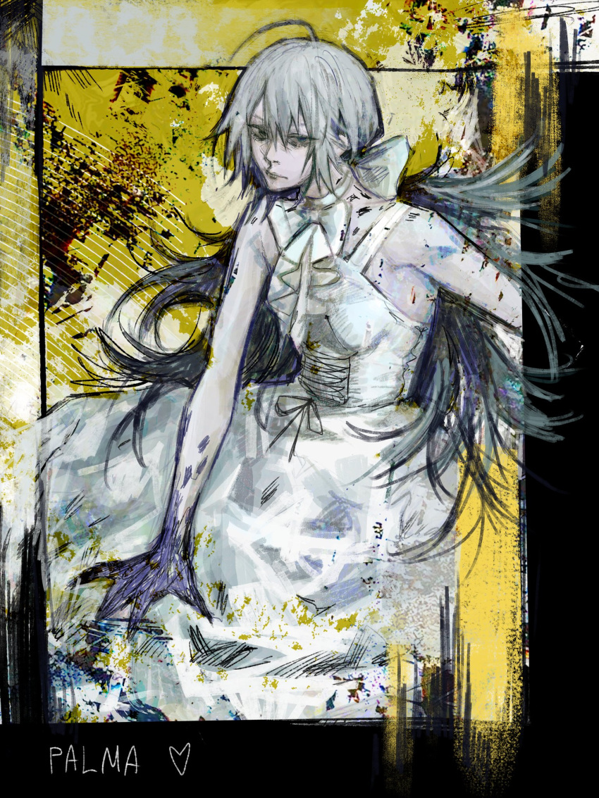 1girl, bags_under_eyes, bare_shoulders, choujin_x, crurry_(trenos_x), dirty, dirty_clothes, dress