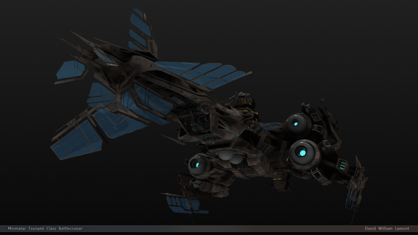 3d, artist_name, battlecruiser_(eve_online), cannon, commentary, concept_art, dark_background, dlamont