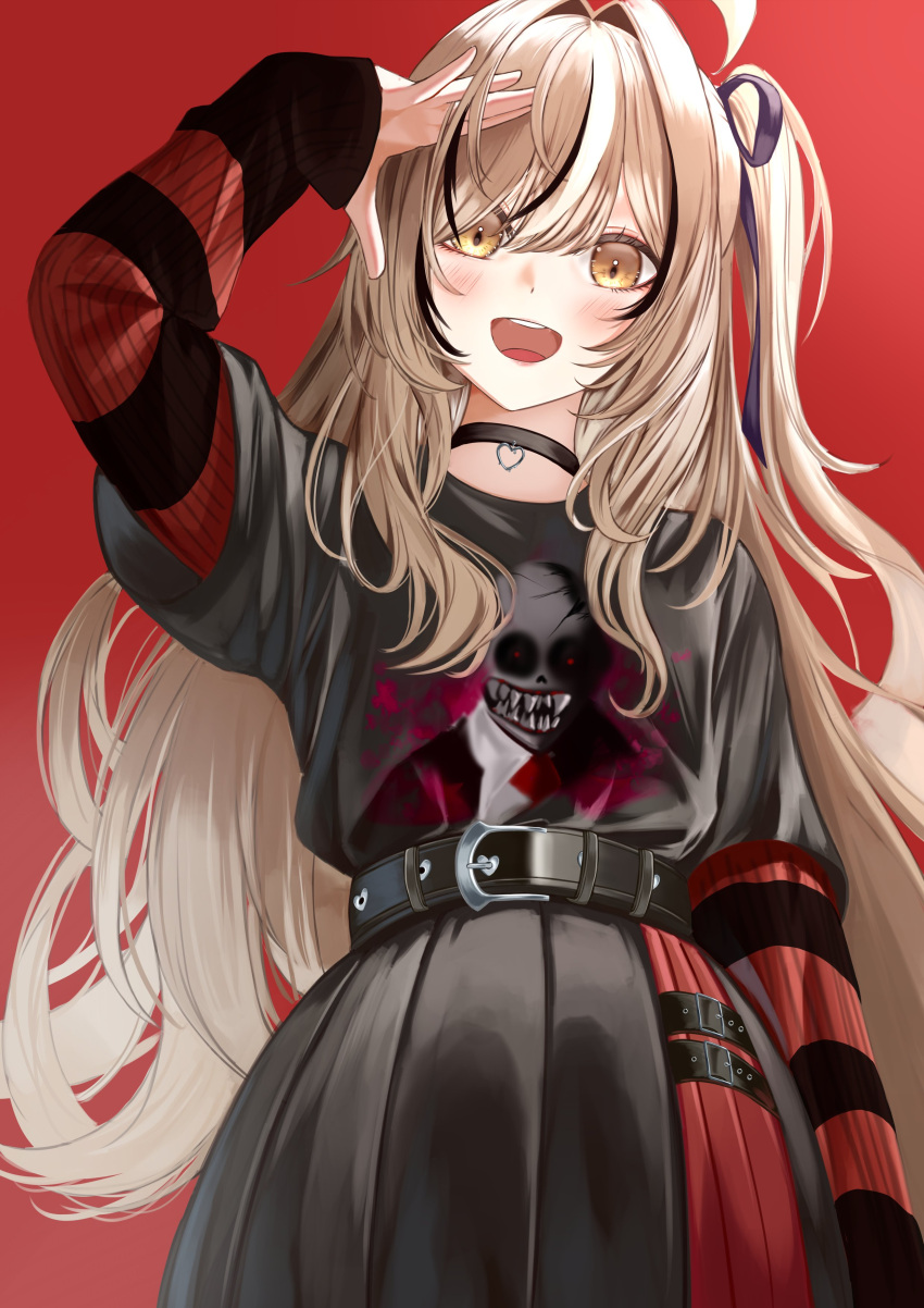 1girl, :d, absurdres, ahoge, arm_up, belt, black_choker, black_shirt, black_skirt, black_sweater, brown_eyes, brown_hair, choker, emo_fashion, ha_uiyeon, hair_over_one_eye, heart, heart_choker, highres, hololive, hololive_english, huge_ahoge, long_hair, looking_at_viewer, multicolored_hair, nanashi_mumei, nanashi_mumei_(4th_costume), nightmare_(nanashi_mumei), no_eyebrows, official_alternate_costume, official_alternate_hairstyle, one_side_up, pleated_skirt, red_background, red_skirt, red_sweater, salute, shirt, skirt, smile, streaked_hair, striped_clothes, striped_sweater, sweater, teeth, two-tone_sweater, upper_teeth_only, very_long_hair, virtual_youtuber
