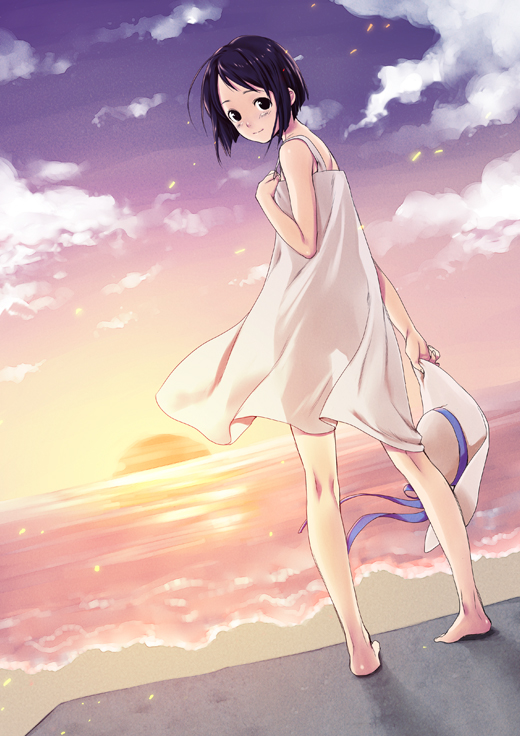 baruterome, beach, black_eyes, black_hair, blush, bob_cut, dress, dutch_angle, from_behind, hat, hat_removed, headwear_removed, holding, holding_hat, kneepits, legs, looking_back, love_hina, maehara_shinobu, ocean, see-through, short_hair, silhouette, smile, sundress, sunset, white_dress