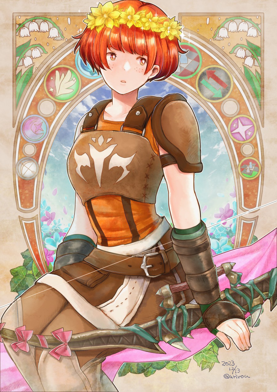 1girl, armor, boots, bow, bow_(weapon), brown_eyes, brown_hair, dated