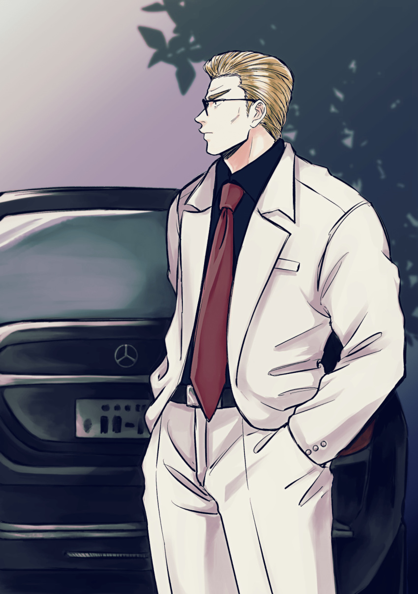 1boy, black-framed_eyewear, blazer, blonde_hair, car, closed_mouth, collared_shirt, commentary_request