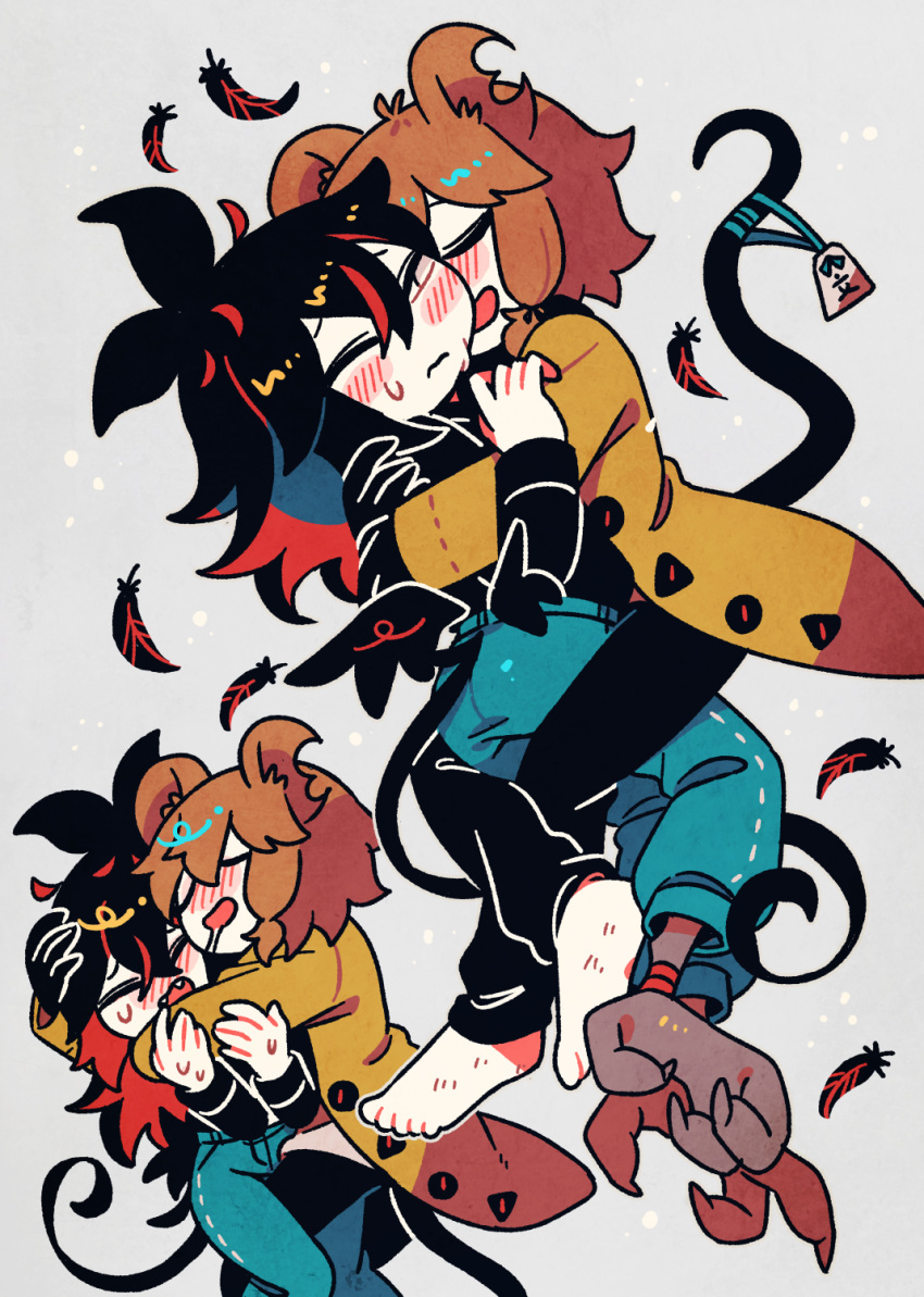 2others, animal_ears, barefoot, bird_legs, bird_tail, black_hair, black_wings, blush, brown_eyes, brown_hair, chihame_(yaigi), closed_eyes, closed_mouth, coat, colored_inner_hair, drooling, feathered_wings, feathers, forced_hug, full_body, grey_background, hair_between_eyes, highres, hug, leg_lock, long_sleeves, looking_at_another, low_wings, mouse_ears, mouse_tail, mouth_drool, multicolored_hair, multiple_others, multiple_views, nimihaku_(yaigi), notched_ear, one_eye_closed, open_clothes, open_coat, open_mouth, original, other_focus, short_hair, sleeping, smile, sweatdrop, tail, talons, wings, yaigi, yellow_coat