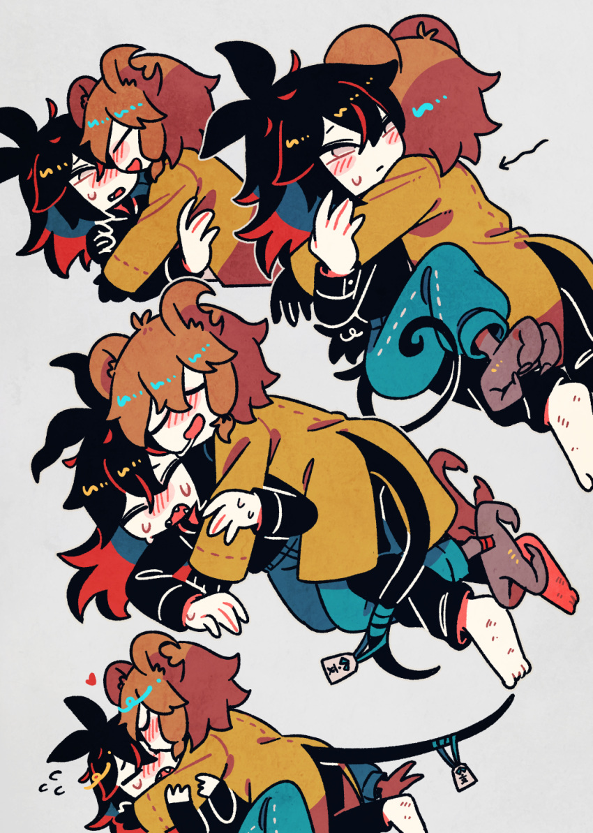 2others, animal_ears, arrow_(symbol), barefoot, bird_legs, black_gloves, black_hair, black_shirt, blush, brown_coat, brown_eyes, brown_hair, chihame_(yaigi), claws, closed_eyes, closed_mouth, coat, colored_inner_hair, denim, drooling, fangs, flying_sweatdrops, gloves, grey_background, heart, highres, hug, jeans, kiss, long_hair, long_sleeves, multicolored_hair, multiple_girls, multiple_others, nimihaku_(yaigi), open_mouth, original, other_focus, pants, redhead, saliva, shirt, short_hair, simple_background, sweatdrop, tail, two-tone_hair, yaigi