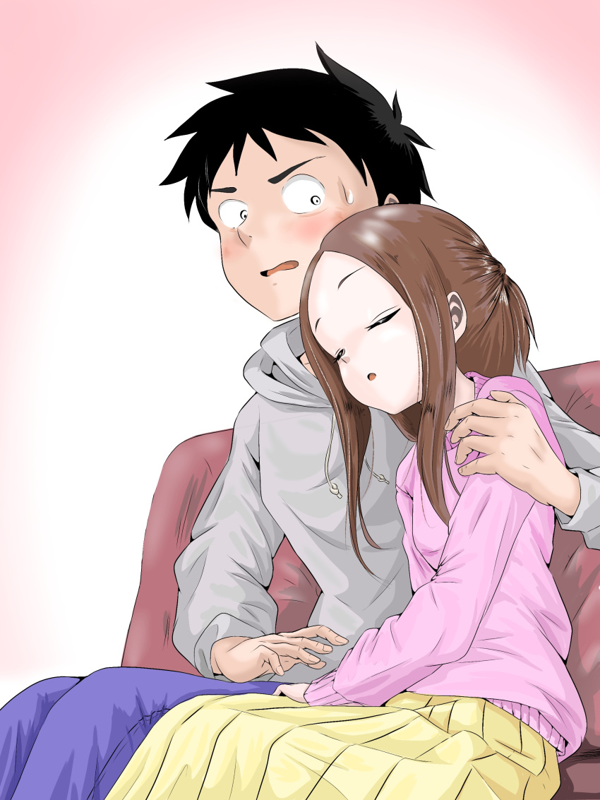 1boy, 1girl, absurdres, arm_around_shoulder, black_hair, brown_hair, commentary_request, couch