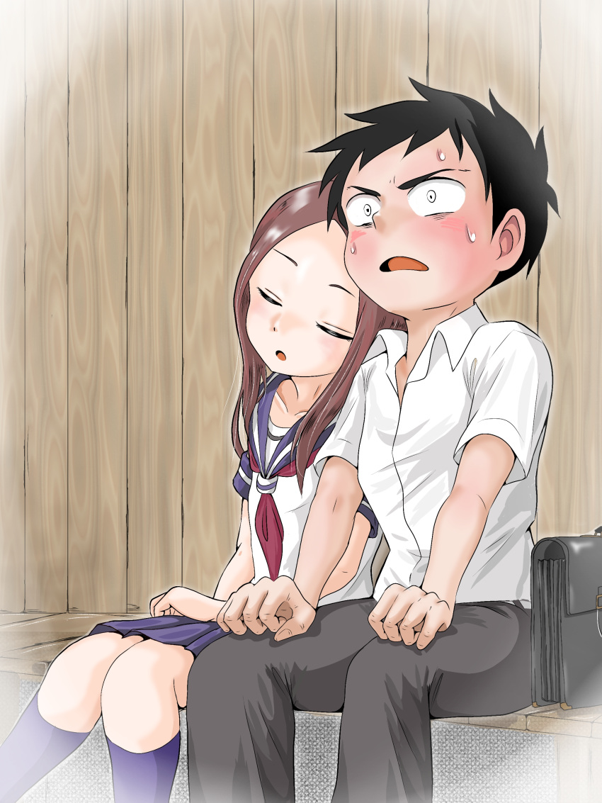1boy, 1girl, absurdres, bag, bench, black_hair, blue_socks, blush