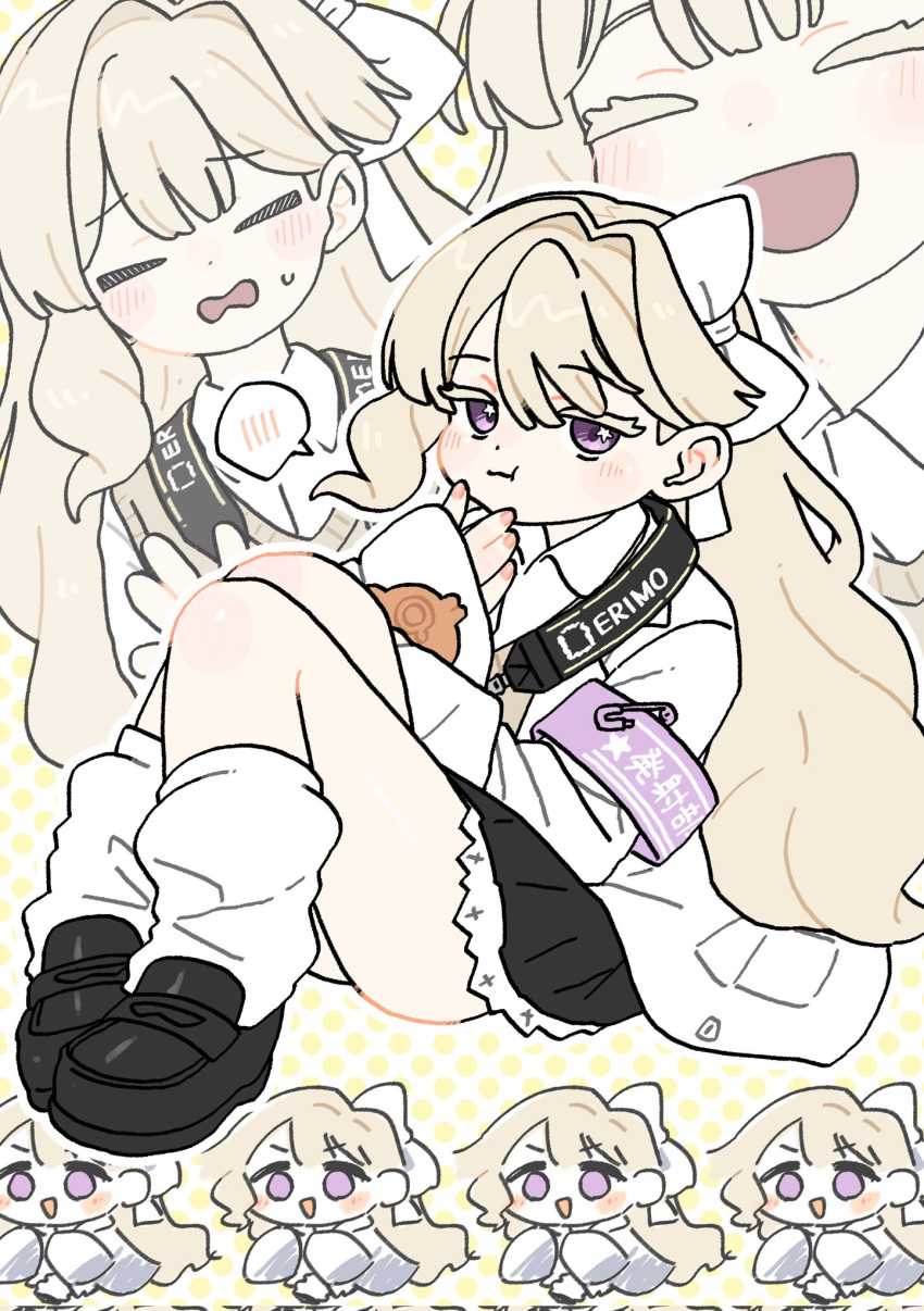 1girl, :d, armband, black_footwear, black_skirt, blonde_hair, blush, bow
