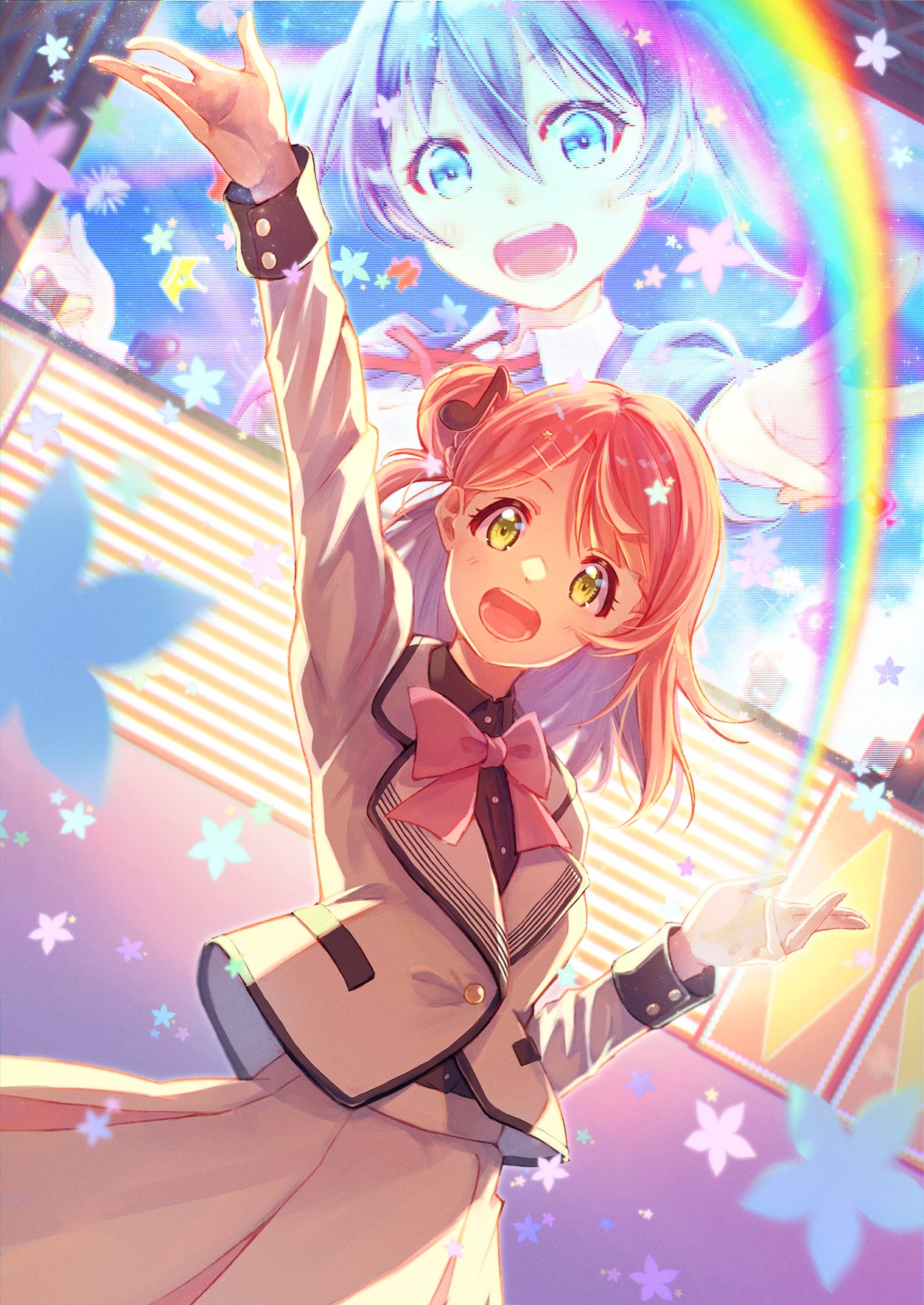 2girls, arm_up, black_shirt, bow, collared_shirt, commentary_request, dutch_angle, future_parade_(love_live!), hair_bun, hair_ornament, highres, jacket, long_sleeves, looking_at_viewer, love_live!, love_live!_nijigasaki_high_school_idol_club, macken, multiple_girls, musical_note, musical_note_hair_ornament, neck_ribbon, pink_bow, pink_hair, rainbow, red_ribbon, ribbon, shirt, sidelocks, single_side_bun, skirt, solo_focus, stage, standing, takasaki_yuu, twintails, uehara_ayumu, upper_body, v, white_jacket, white_skirt, yellow_eyes