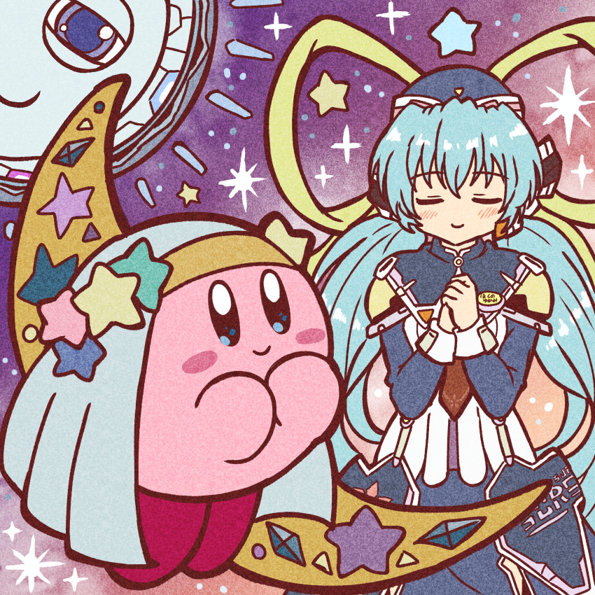 1girl, absurdres, blue_eyes, blue_hair, blush, closed_mouth, crossover, dress