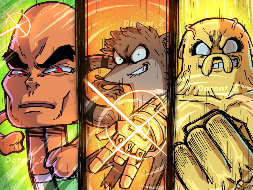 3boys, adventure_time, artist_name, biting_own_lip, black_eyes, bridal_gauntlets, clenched_hand, clenched_teeth, collarbone, colored_skin, darent_z, darwin_watterson, dog, fish_boy, glint, green_background, green_socks, highres, jake_the_dog, large_forehead, male_focus, multiple_boys, open_mouth, orange_background, raccoon_boy, raccoon_tail, red_eyes, regular_show, rigby, shiny_forehead, socks, tail, teeth, the_amazing_world_of_gumball, thick_eyebrows, veins, white_eyes, yellow_background, yellow_skin
