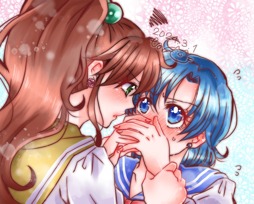2girls, bishoujo_senshi_sailor_moon, blue_eyes, blue_sailor_collar, earrings, flower_earrings, green_eyes, green_sailor_collar