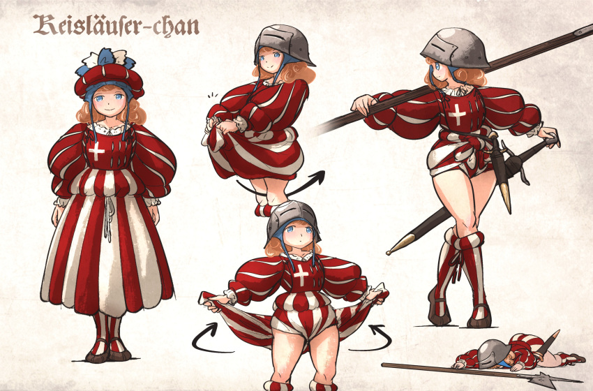 1girl, absurdres, armor, blonde_hair, blue_eyes, cross, dagger, dress