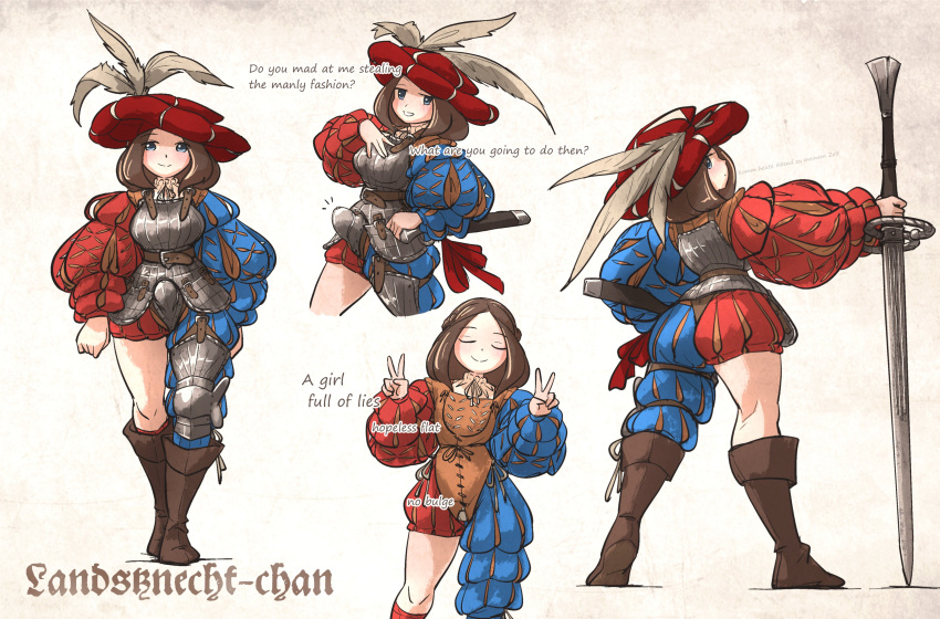 1girl, absurdres, armor, asymmetrical_legwear, blue_eyes, boobplate, boots, breastplate, brown_footwear, brown_hair, codpiece, double_v, english_text, faulds, hat, highres, holding, holding_sword, holding_weapon, ironlily, landsknecht, landsknecht_(ironlily), long_sleeves, medium_hair, original, puff_and_slash_sleeves, puffy_long_sleeves, puffy_sleeves, smile, solo, sword, v, weapon