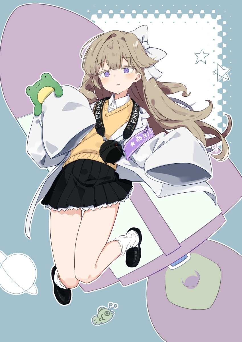 1girl, armband, black_footwear, black_skirt, blue_background, blush, bow, erimo_kudryavka, floating, frog, full_body, hair_bow, highres, indie_virtual_youtuber, lab_coat, light_brown_hair, loose_socks, outline, parted_lips, rocket_ship, safety_pin, shirt, simple_background, skirt, sleeves_past_fingers, sleeves_past_wrists, socks, solo, spacecraft, sweater_vest, totomono, white_bow, white_outline, white_shirt, white_socks, yellow_sweater_vest