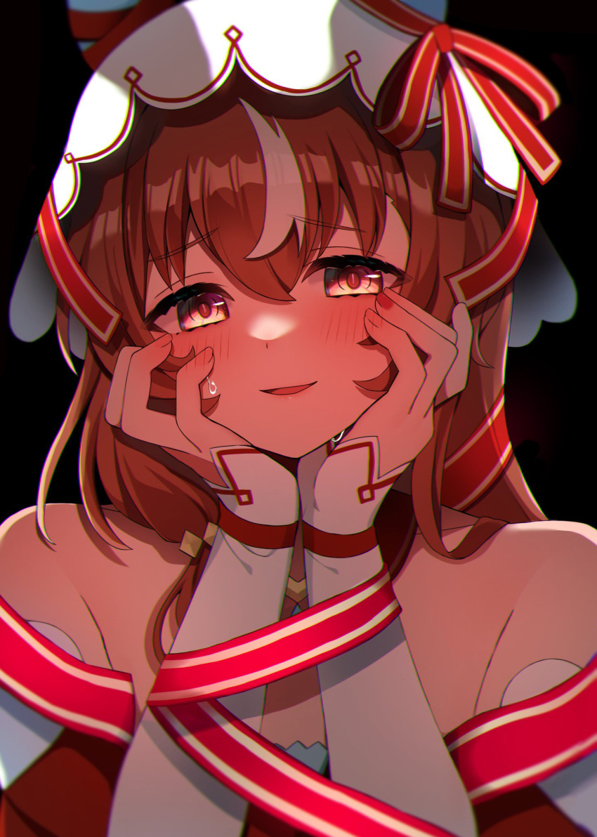 1girl, animal_ears, breasts, brown_hair, collarbone, dark_background, fingernails, hair_between_eyes, hair_ornament, hands_on_own_cheeks, hands_on_own_face, highres, horse_ears, horse_girl, kaoru_(h8qm9), long_hair, looking_at_viewer, open_mouth, red_eyes, simple_background, small_breasts, solo, still_in_love_(umamusume), sweat, umamusume, veil, yandere_trance