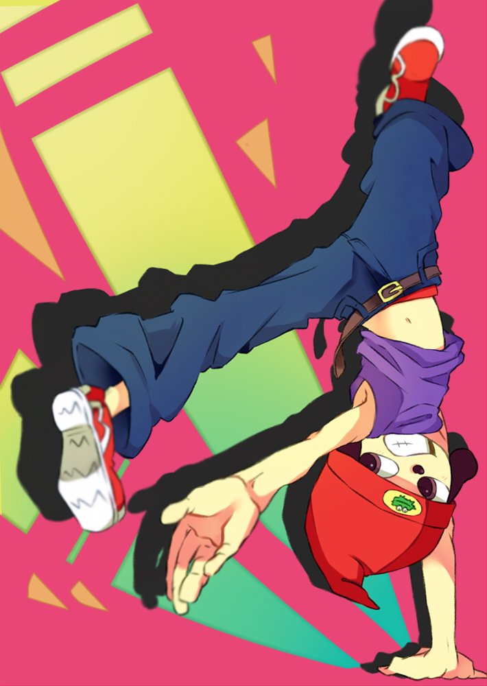 1boy, beanie, breakdance, dog, dog_boy, handstand, hat, navel