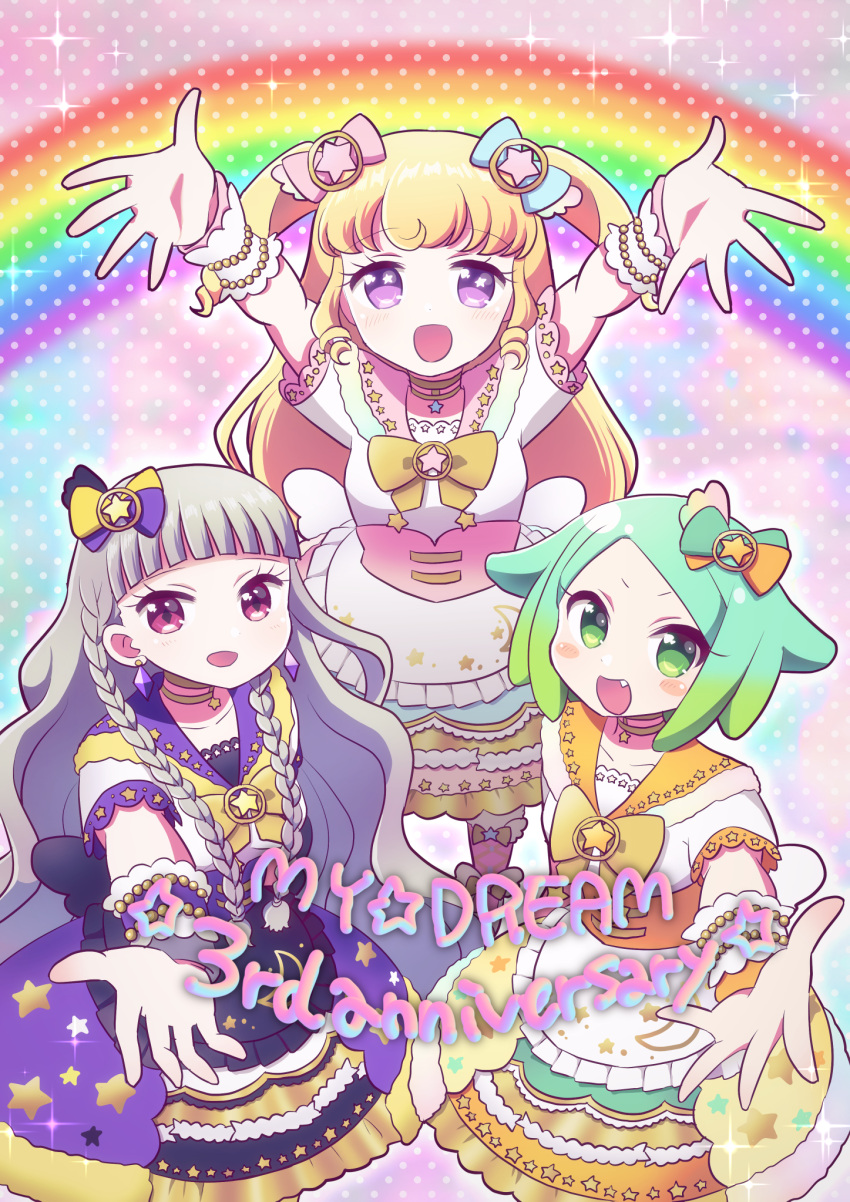 3girls, :d, anniversary, arms_up, blonde_hair, blue_hair, blunt_bangs, blush
