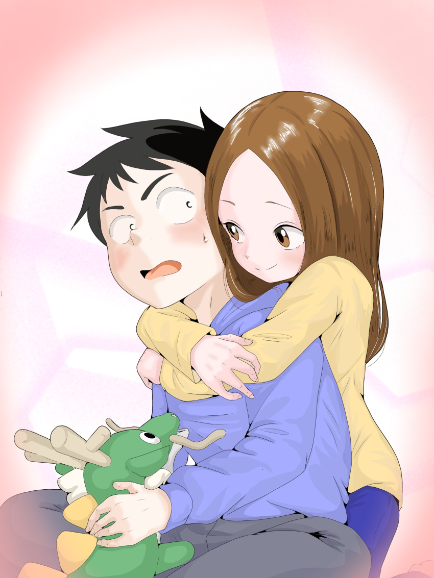 1boy, 1girl, absurdres, aged_down, black_hair, blue_hoodie, blush, brown_eyes