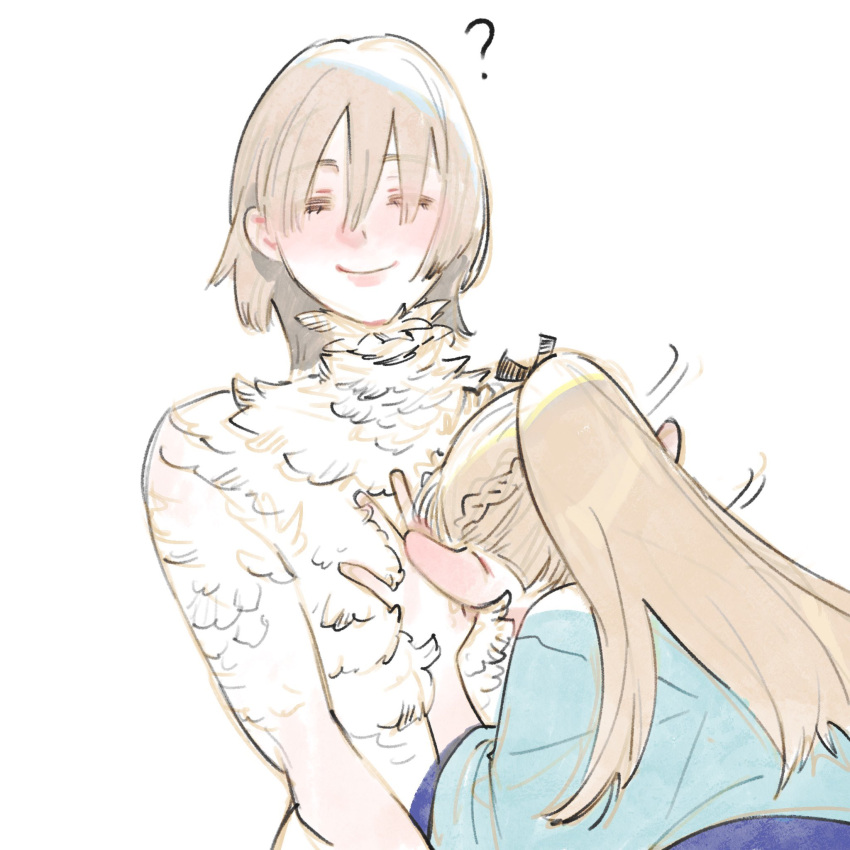 2girls, ?, alamp519, blonde_hair, blue_robe, blush, brown_hair, chimera