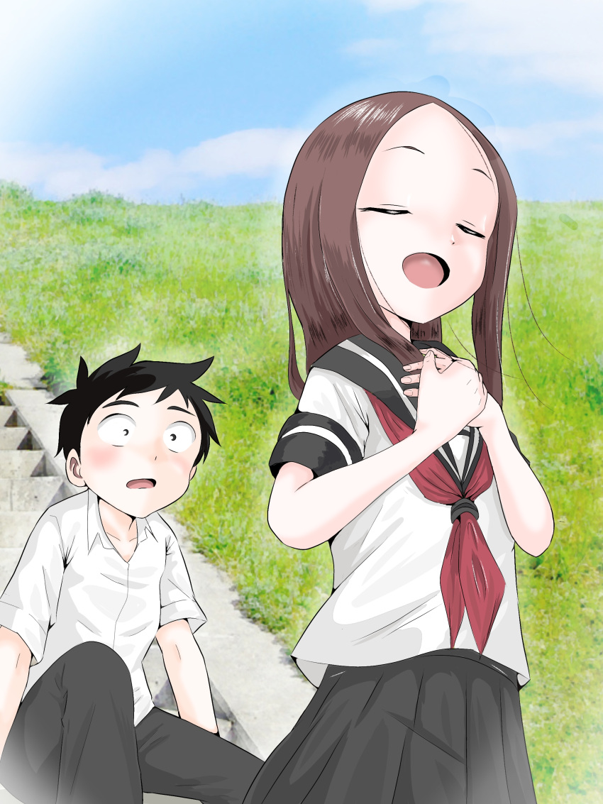 1boy, 1girl, absurdres, black_hair, black_pants, blue_sky, blush, brown_hair