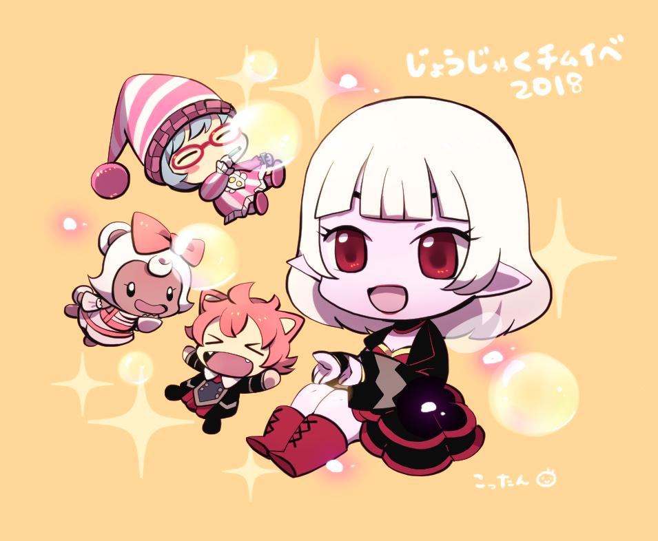 >_<, 4girls, animal_ears, bear_ears, black_dress, brown_background, bubble_blowing, bubble_pipe
