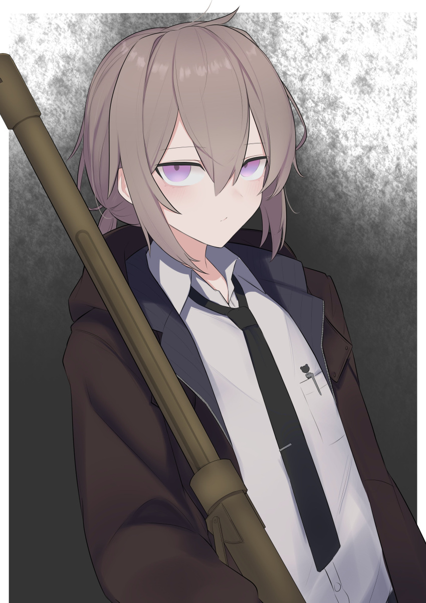 1girl, absurdres, black_necktie, blush, bolt_action, breast_pocket, brown_jacket, cheytac_m200