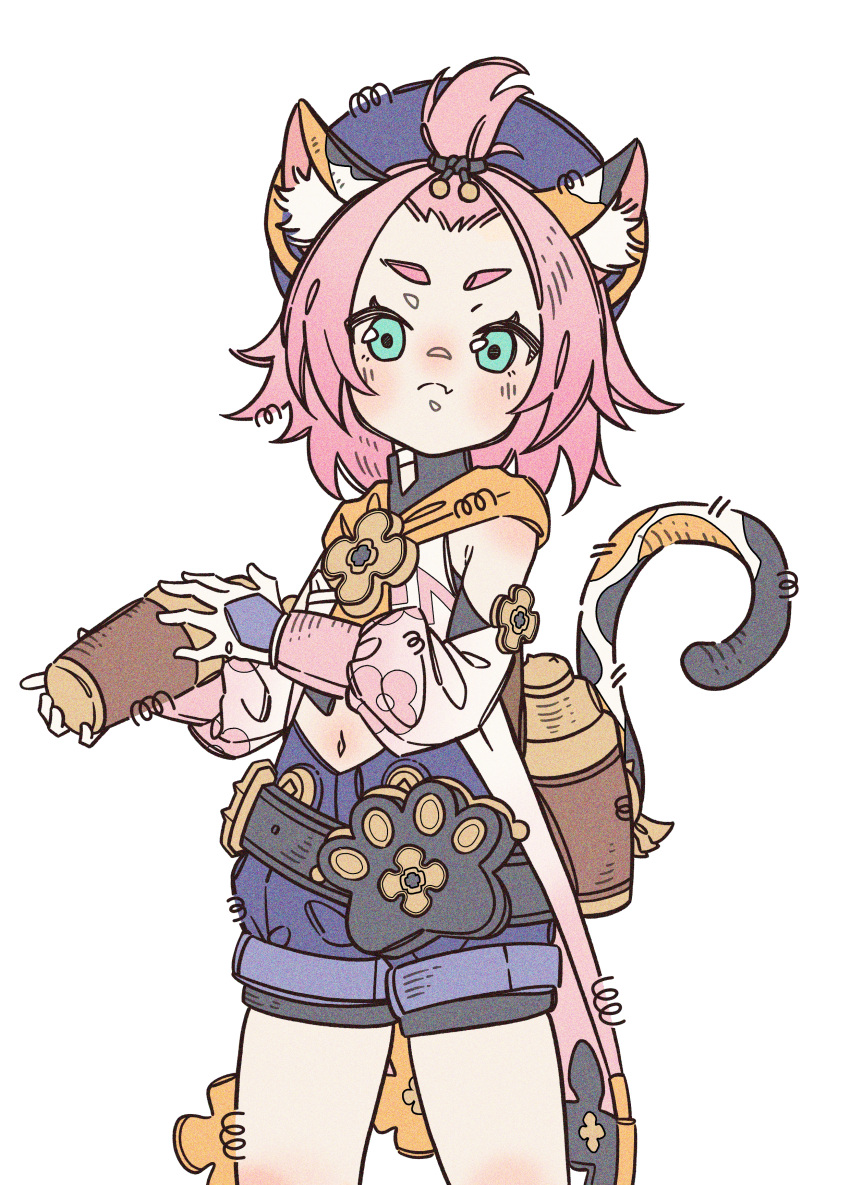 absurdres, animal_ear_fluff, animal_ears, black_tail, blue_eyes, blue_shorts, blush, cat_ears