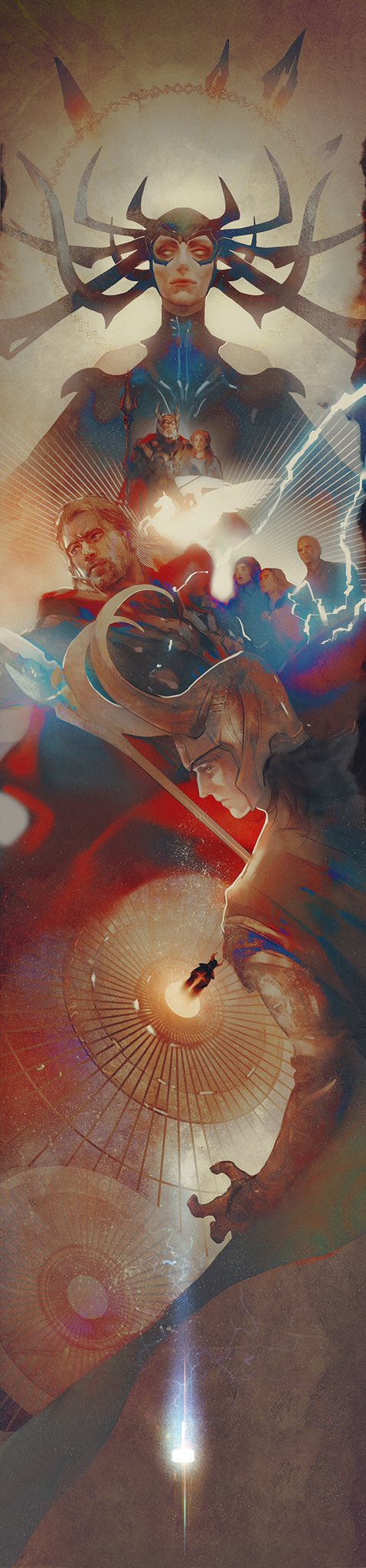 4boys, 4girls, armor, bare_shoulders, beard, black_hair, black_shirt, blonde_hair, blue_cape, blue_dress, brother_and_sister, brothers, brown_eyes, brown_hair, cape, closed_mouth, collared_shirt, dress, eyepatch, facial_hair, fake_horns, father_and_daughter, father_and_son, frigga_(marvel), from_behind, green_cape, green_eyes, grey_hair, hand_up, hela_(marvel), helmet, highres, holding, holding_scepter, horns, jane_foster, lightning, loki_(marvel), long_hair, long_sleeves, looking_at_viewer, looking_back, looking_to_the_side, looking_up, marvel, marvel_cinematic_universe, medium_hair, mian_lang, mother_and_daughter, mother_and_son, multiple_boys, multiple_girls, odin_(marvel), off-shoulder_dress, off_shoulder, open_mouth, red_cape, scepter, shirt, short_hair, siblings, tall_image, thor:_ragnarok, thor_(marvel)