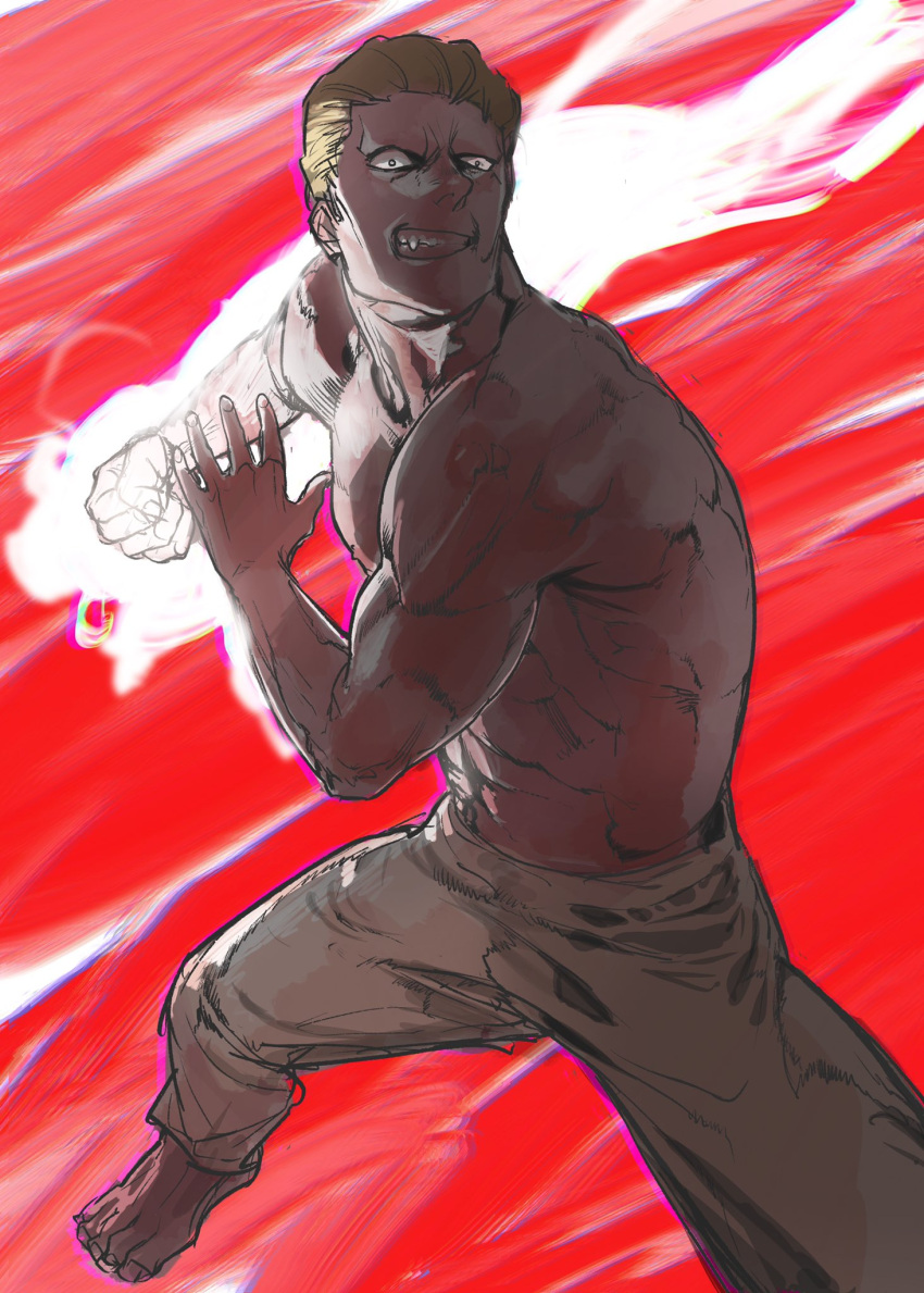 1boy, almostghost, angry, blonde_hair, clenched_hand, foot_out_of_frame, frown, highres, hunter_x_hunter, incoming_attack, incoming_gift, incoming_punch, legs_apart, male_focus, muscular, muscular_male, nen_(hunter_x_hunter), pectorals, phinks_magcub, powering_up, punching, serious, short_hair, solo, topless_male, tsurime, unfinished
