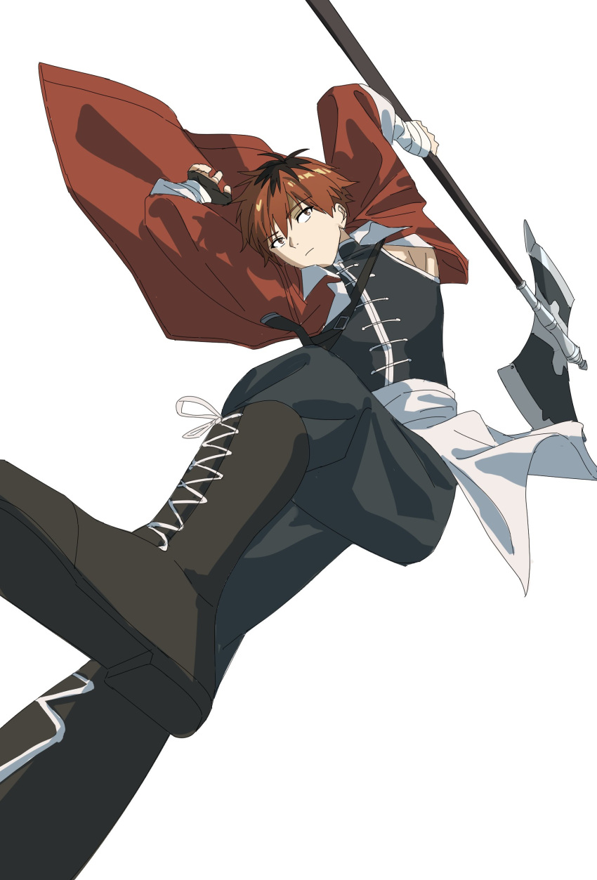1boy, absurdres, axe, boots, highres, holding, holding_weapon, jacket, looking_to_the_side, pants, red_eyes, redhead, solo, sousou_no_frieren, stark_(sousou_no_frieren), weapon, white_background, wqdofjpeqs63235