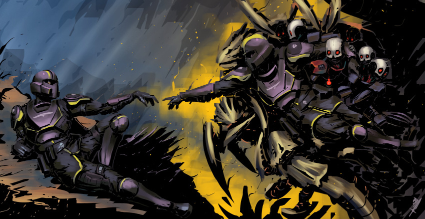 6+others, absurdres, armor, automaton_(helldivers), bulletproof_vest, cape, commentary, count_grimhart