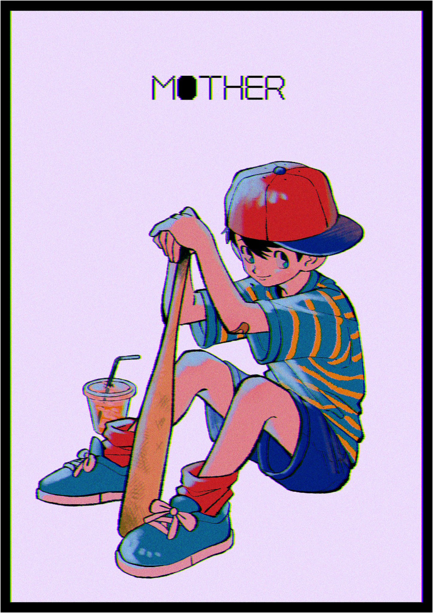 1boy, bandaid, bandaid_on_arm, baseball_bat, baseball_cap, black_border, black_hair, blue_eyes, blue_footwear, blue_shorts, border, closed_mouth, cup, disposable_cup, drinking_straw, full_body, hair_between_eyes, hat, highres, holding, holding_baseball_bat, kwsby_124, male_focus, mother_(game), mother_1, ninten, red_headwear, red_socks, shirt, shoes, short_sleeves, shorts, sideways_hat, simple_background, sitting, socks, solo, striped_clothes, striped_shirt