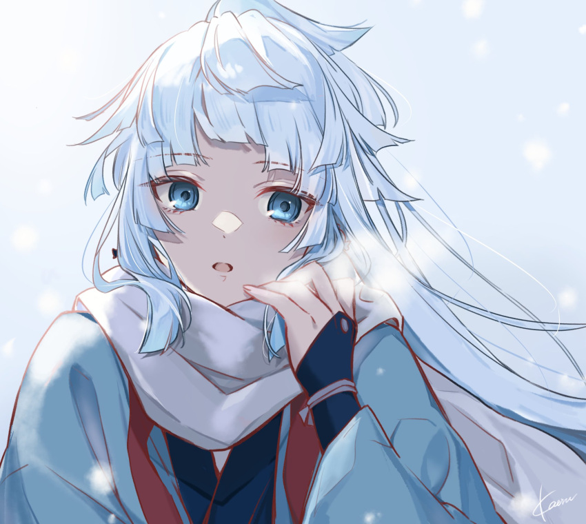 1girl, adjusting_scarf, aqua_haori, armor, black_kimono, blue_eyes, fate/grand_order, fate/samurai_remnant