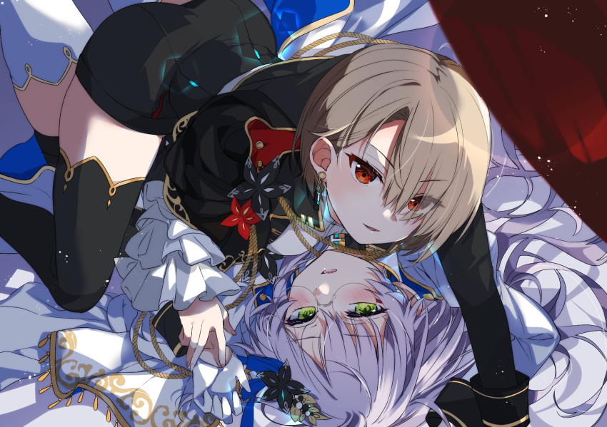 2girls, black_shorts, blonde_hair, blush, breasts, earrings, fang, glasses
