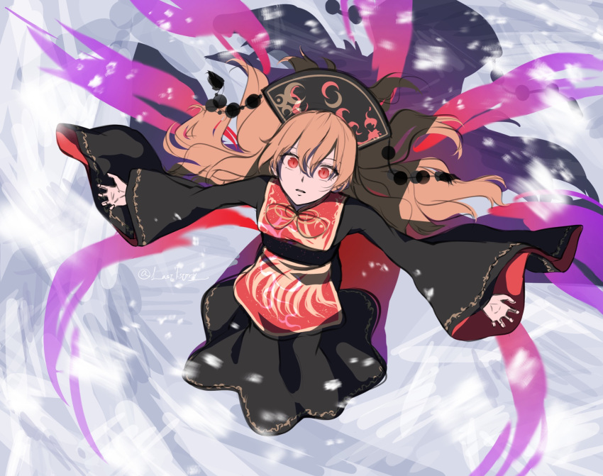 1girl, animal_print, arms_up, belt, bird_print, black_belt, black_dress, black_headwear