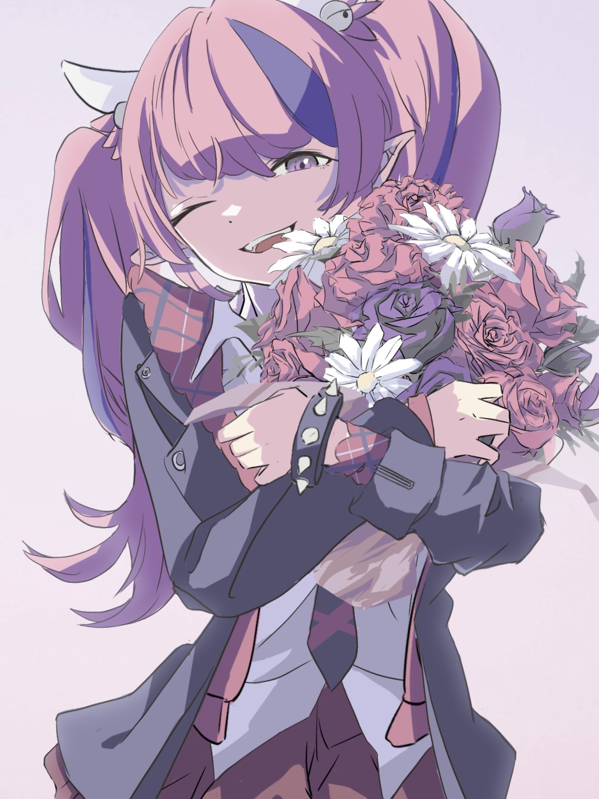 1girl, black_bracelet, black_jacket, black_necktie, bouquet, bracelet, collared_shirt, demon_girl, demon_horns, highres, holding, holding_bouquet, hood, hooded_jacket, horns, ironmouse, ironmouse_(15th_costume), jacket, jewelry, keren_illust, long_hair, looking_at_viewer, multicolored_hair, necktie, one_eye_closed, pink_hair, pink_skirt, pointy_ears, purple_hair, shirt, skirt, smile, solo, spiked_bracelet, spikes, streaked_hair, teeth, twintails, upper_teeth_only, violet_eyes, virtual_youtuber, vshojo, white_shirt