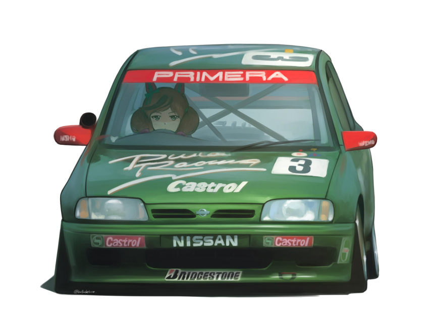 animal_ears, balladeluce, black_hair, bridgestone, brown_hair, car, castrol, driving